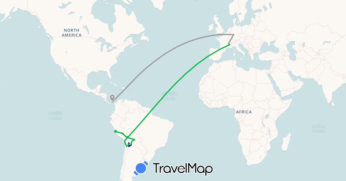 TravelMap itinerary: driving, bus, plane in Bolivia, Germany, Dominican Republic, France, Panama (Europe, North America, South America)